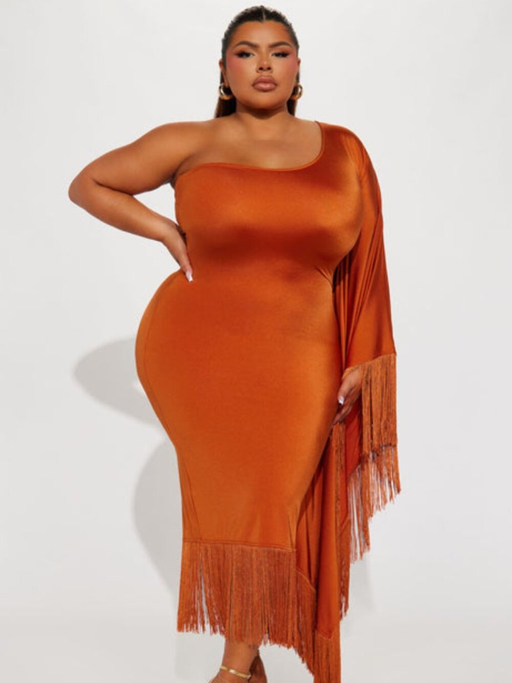 Fashion Nova Feeling Fringe Hem Bodycon One Shoulder Midi Dress Rust 1X